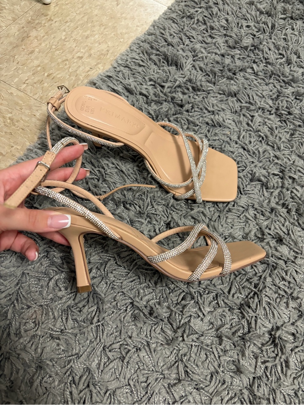 Primark Beige Strappy Heeled Sandals with Crystal Straps